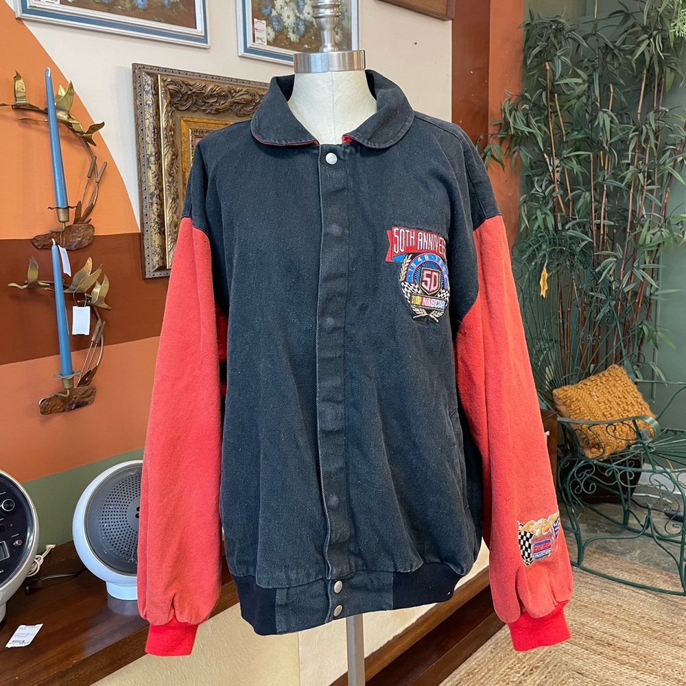 VINTAGE NASCAR Jeff Hamilton 50th Anniversary Black Red Racing Varsity Jacket